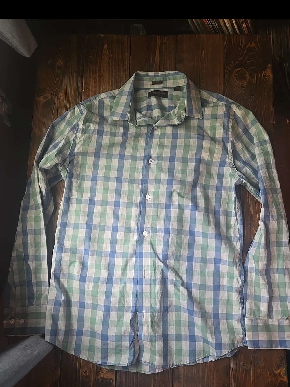 Men's Blue & Green Plaid Button-Down Shirt Slim Fit Large